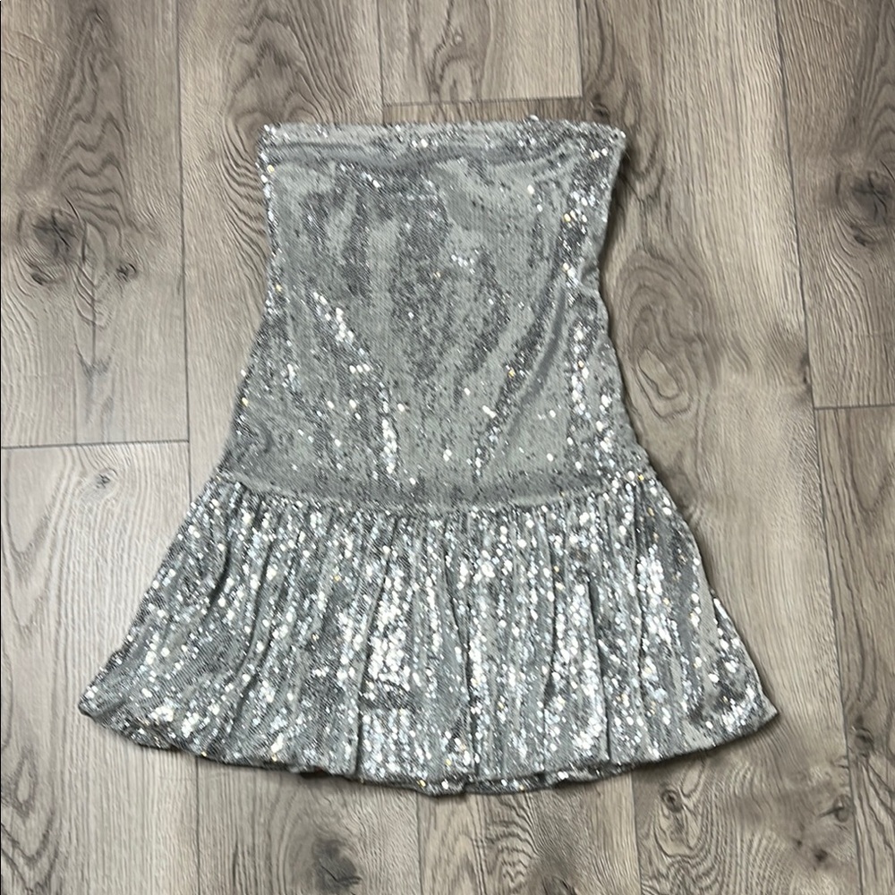 Motel Silver Sequin Strapless Mini Dress